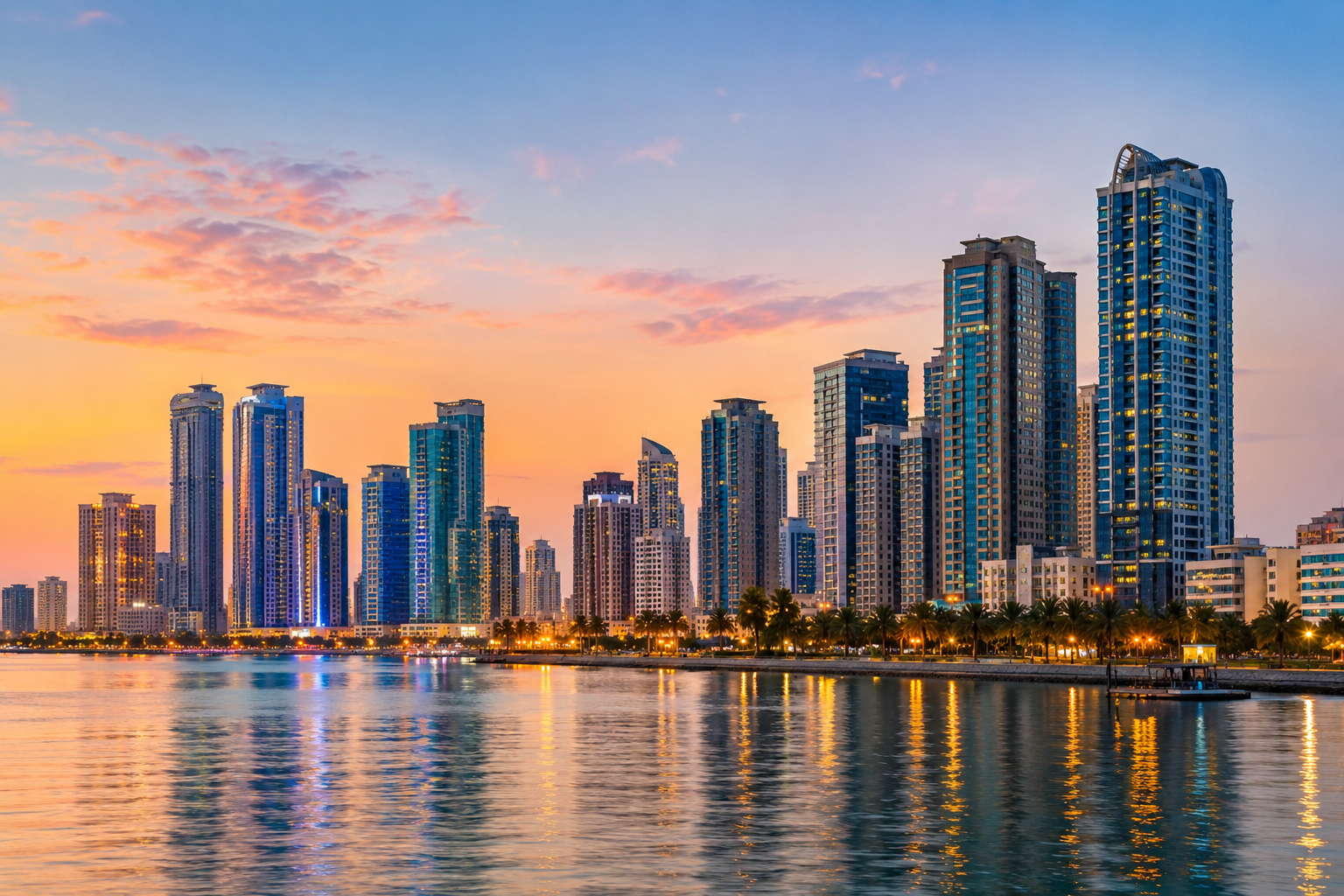 Hotel and city skyline in Sharjah, UAE